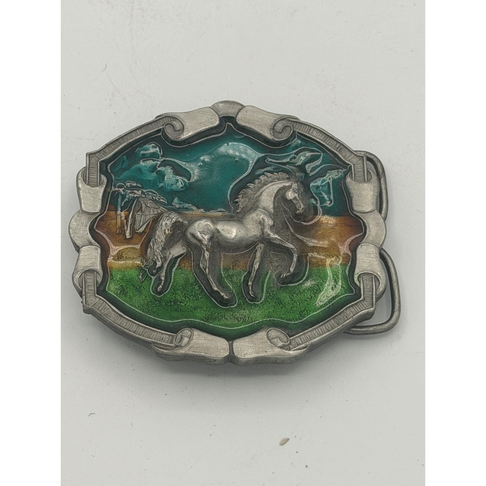 Vintage 1976 Bergamot Brass Works Horse Belt Buckle U-144 Enamel Landscape USA